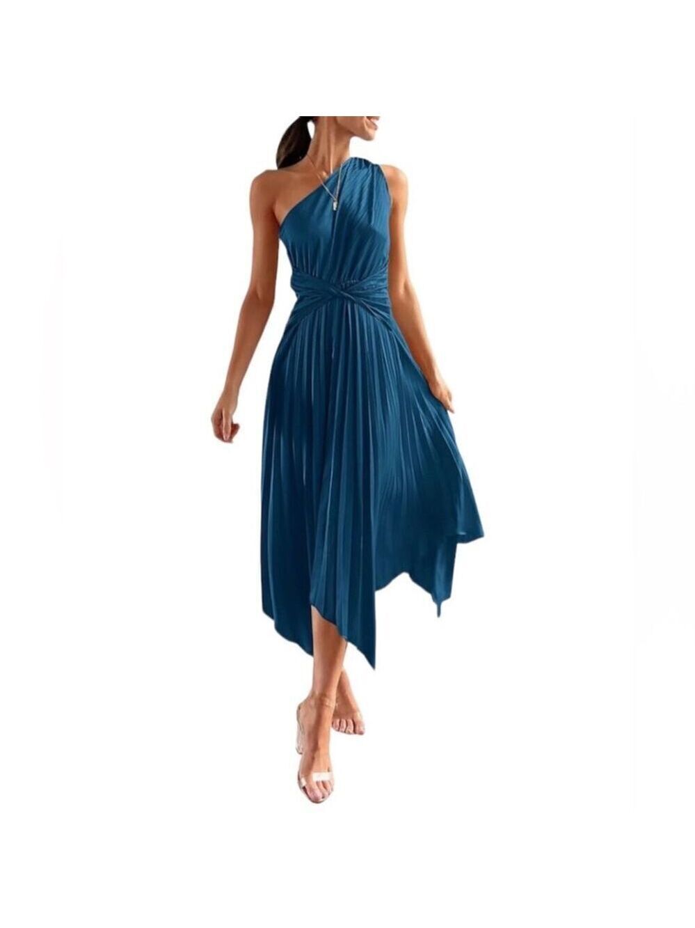 PRETTYGARDEN Women's One Shoulder Blue Satin Long Formal Dress Standard Size S - Picture 1 of 9